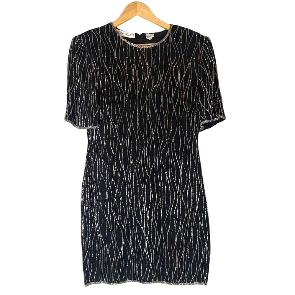 Scala Vintage 80s 100% Silk Beaded Dress Black Silver Medium Petite Mini Party